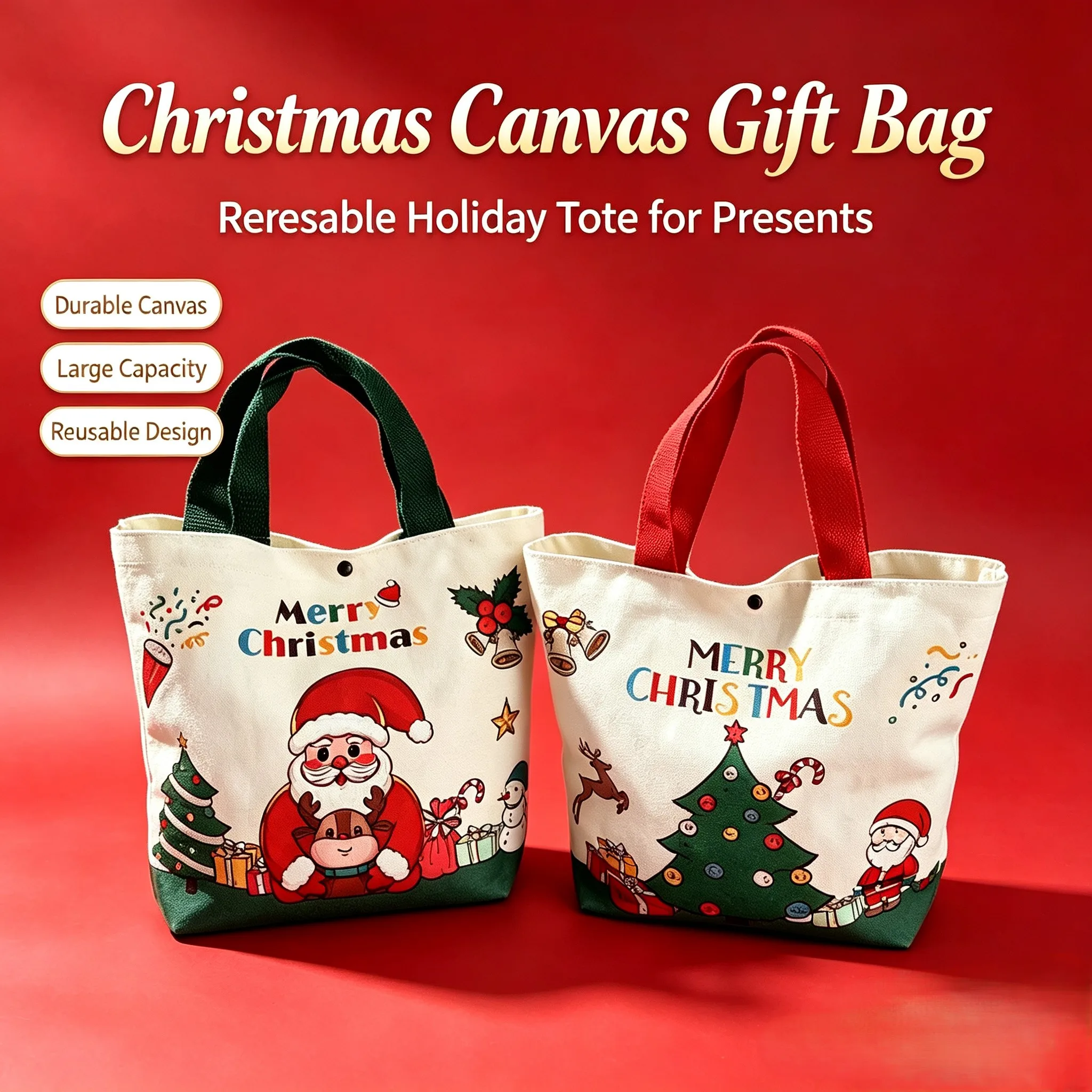 Christmas Canvas Gift Bag Reusable Handbag Xmas Candy Apple Present Storage Tote Bag for Holiday Party Gift Packaging