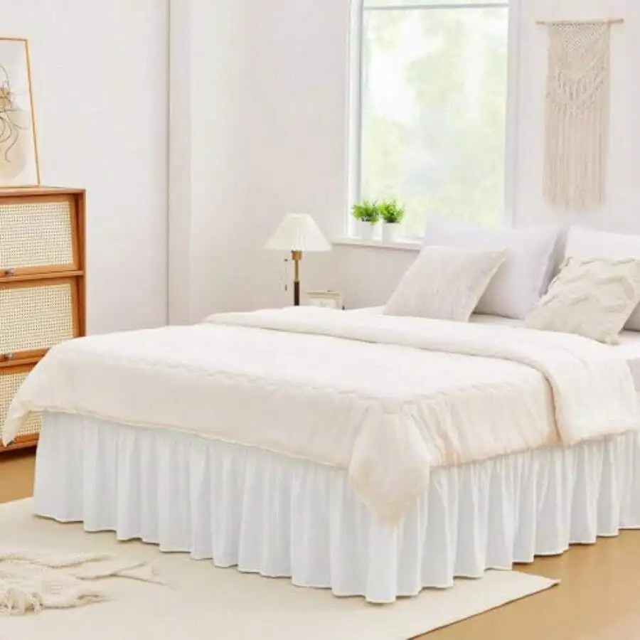 

White Queen Size Bed Skirt 14 Inch Drop Elastic Wrap Around Dust Ruffle Fade Wrinkle Resistant