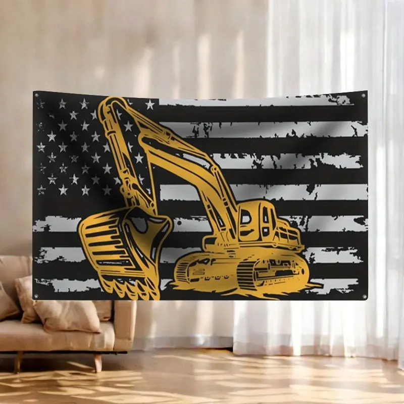 Patriotic American Flag Wall Banner Construction Excavator Art Decor Man Cave Flag With 4 rings Stylish Home Gift for Trucker Da