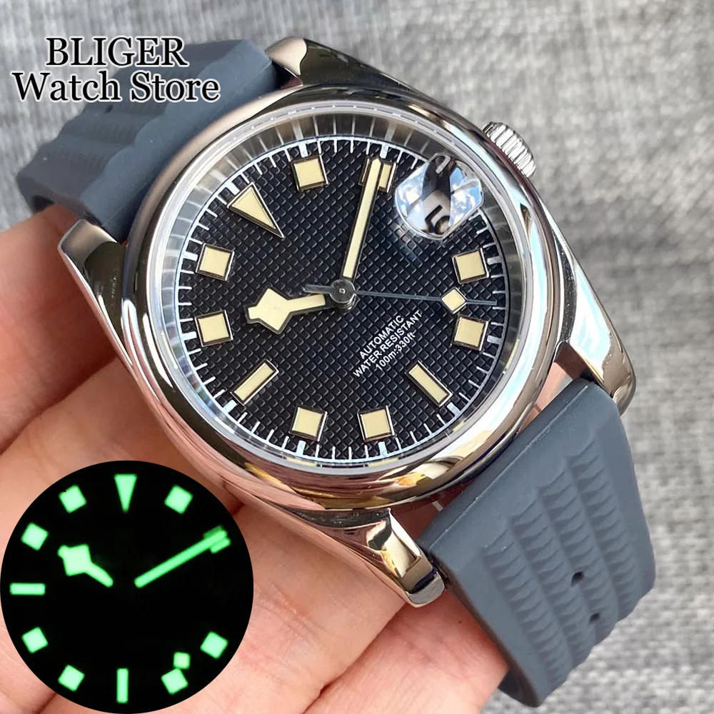 BLIGER 36mm 39mm NH35A Black Mechanical Watch Men Sapphire Glass Lume Marks Silver Polished Case Wristwatch Waffle Rubber Band