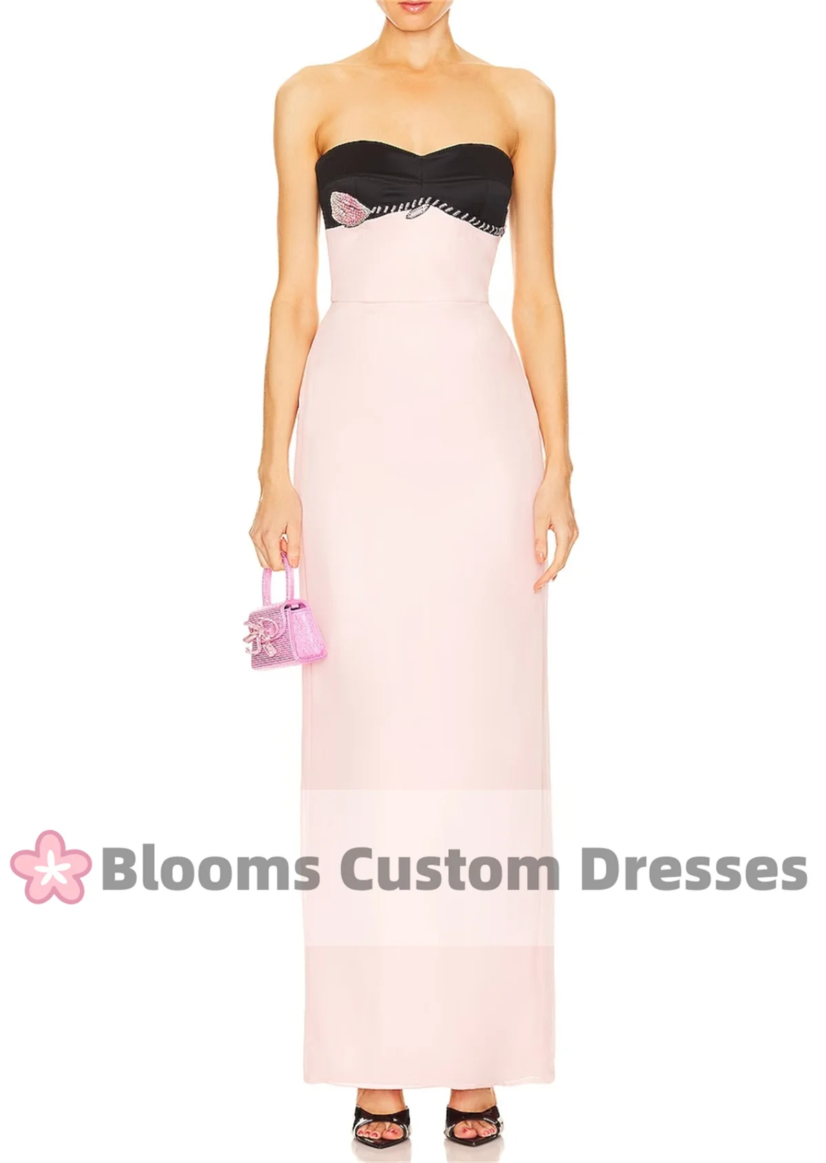 Blooms Strapless Rose Customized Prom Dress Sleeveless Slim Fit Pink Crepe Evening Dress Elegant Party Gown Formal Dress