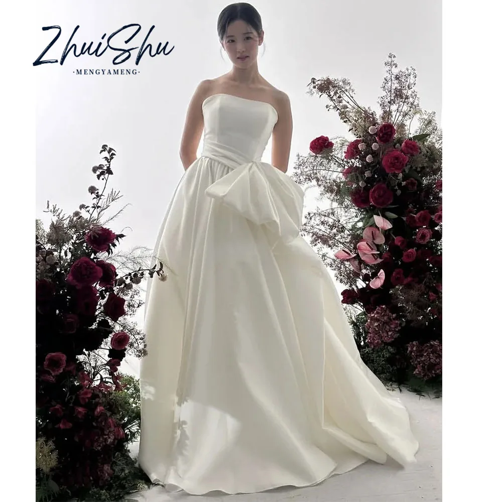 Sweet Bowknot Korea Wedding Dresses A-Line Silk Satin Elegant Bridal Gowns 웨딩드레스 Corset Back Customize Photo Shoot