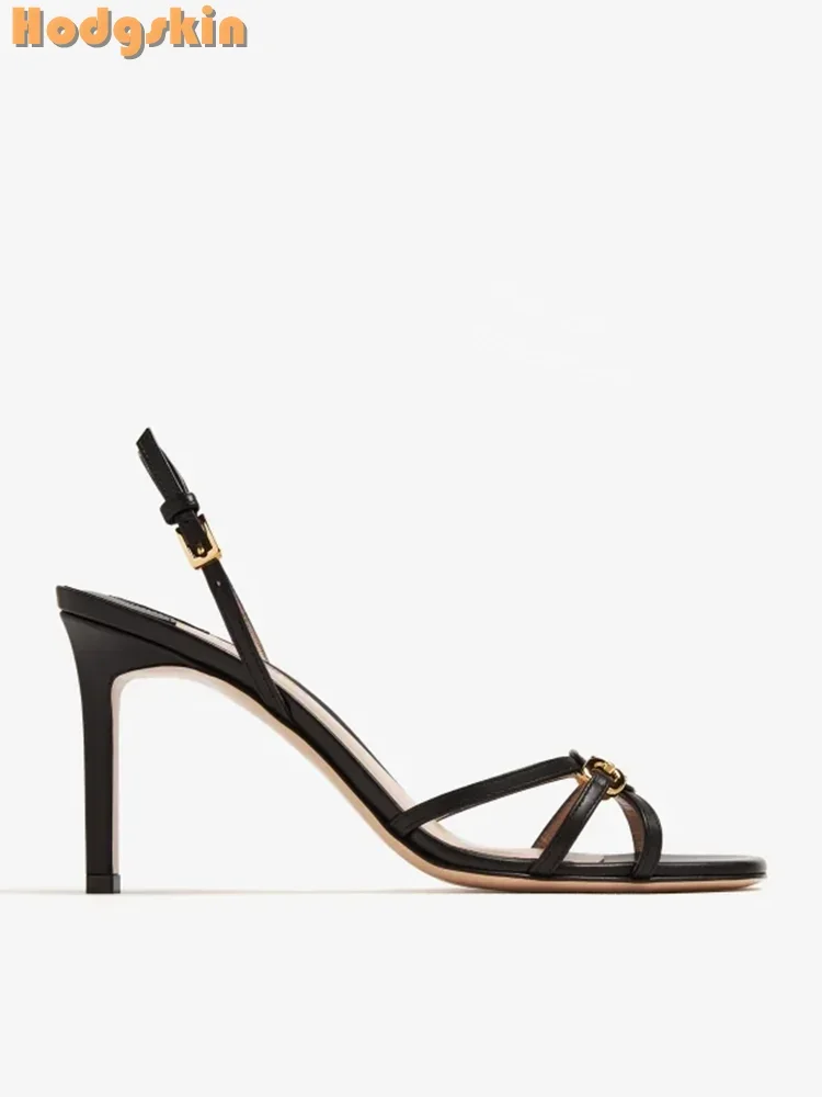 Metal Decor Stiletto Sandals Black Square Toe Buckle Straps Thin Heeled Sexy Fashion Chain Dress Shoes 2025 Women New Spring