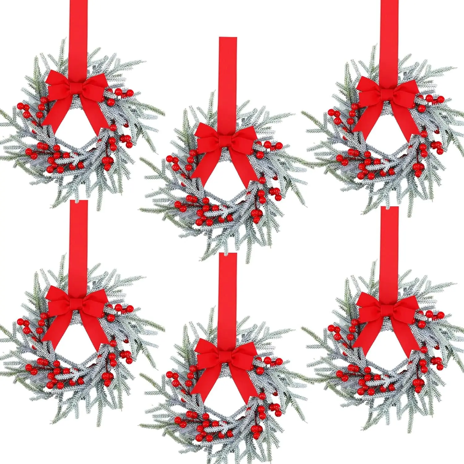 

Mini Christmas Wreaths – 6 Pcs Vintage Norfolk Pine with Red Berries for Cabinet, Window & Candle Decor
