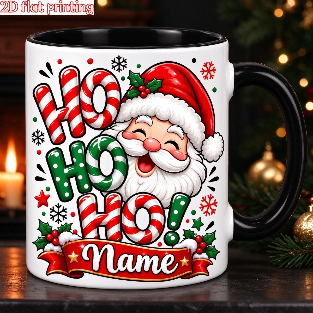 2D Flat Printing 1pc 11oz Custom Name Santa Claus Ho Ho Ho Mug, Christmas Home Gift For Family, Hand Wash Only Microwave Safe