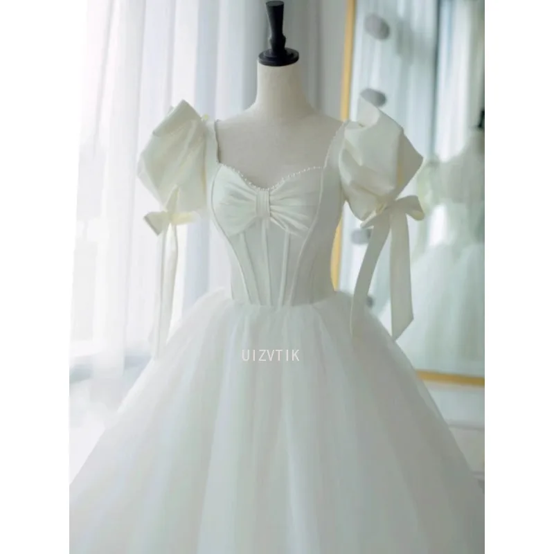 Gaun Pengantin Putri Manis Elegan Putih Gaun Pengantin Panjang Pergelangan Kaki Lengan Puff Pita Wanita Gaun Pesta Malam Formal Wanita