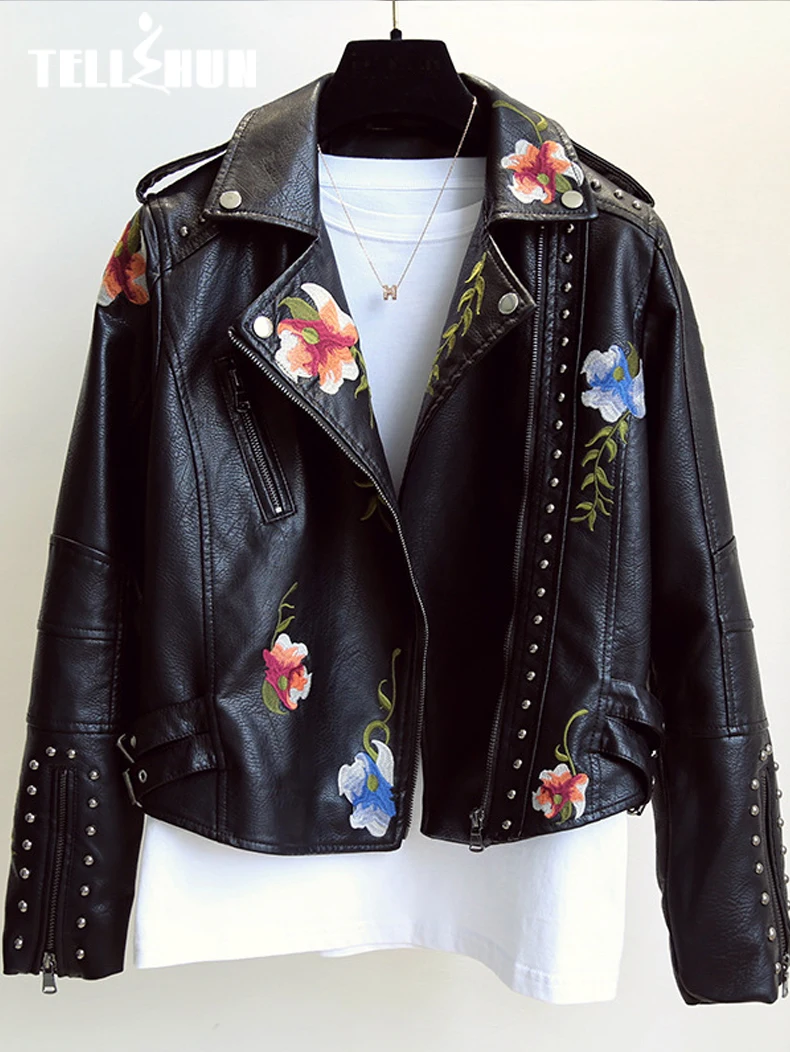 Neue Frauen Retro Blumen druck Stickerei Kunst weiches Leder Jacke Mantel Turndown Kragen Pu Moto Biker schwarz Punk Oberbekleidung