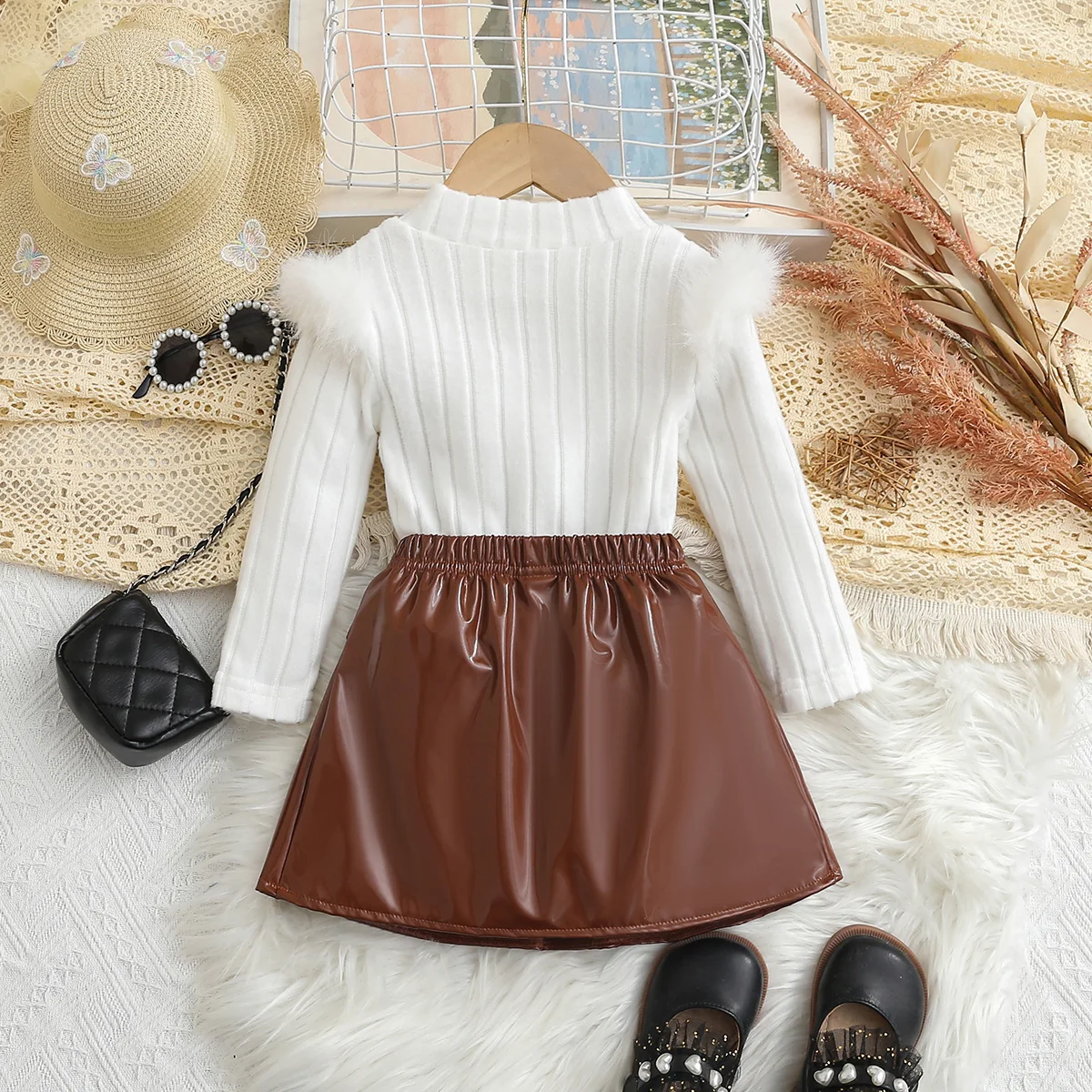 Toddler Girl's Casual Spring & Autumn Outfit: Mock Neck Long-Sleeve Top + Brown Butterfly Print Midi Skirt Set