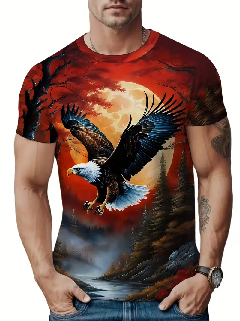 Nocturnal Soarer Graphic Tee: A Majestic Bird of Prey Takes Flight Under a Blood Moon – A Stunning Blend of Nature & Art!