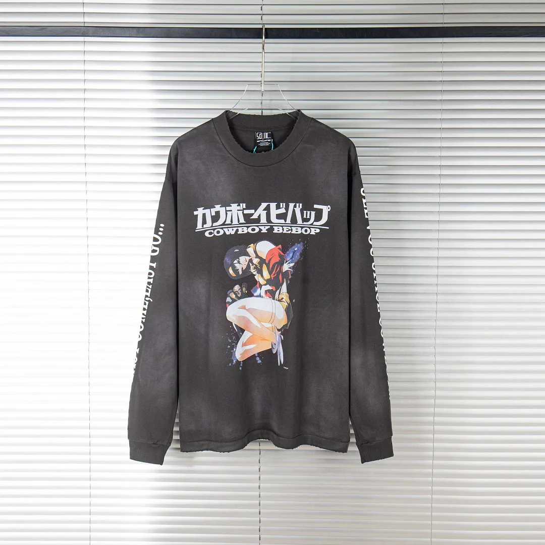 High Quality Saint x Planet War Cobrand Washed T shirt Oversized Long Sleeve Crew Neck Tops Men's Streetwear Long T shirts