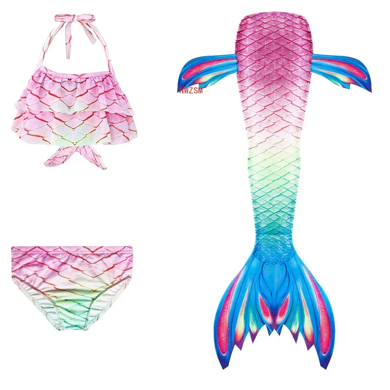 3pcs Kids Mermaid Tail for Girls Swimsuit Children The Little Mermaid Costume Beach Bikini Bathing Suit for Swimming No Flippers