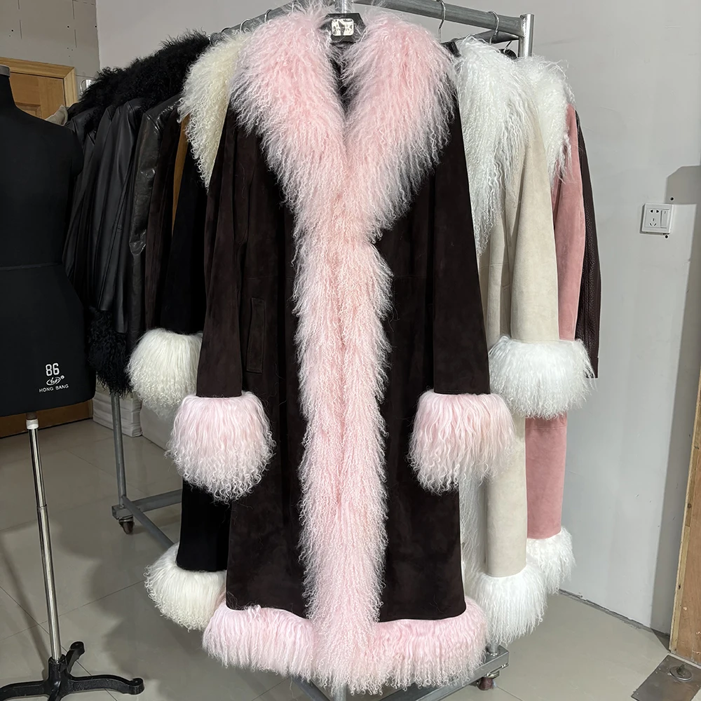 YOLOAgain Real Mongolia Sheep Fur Jacket Long Dark Brown Suede