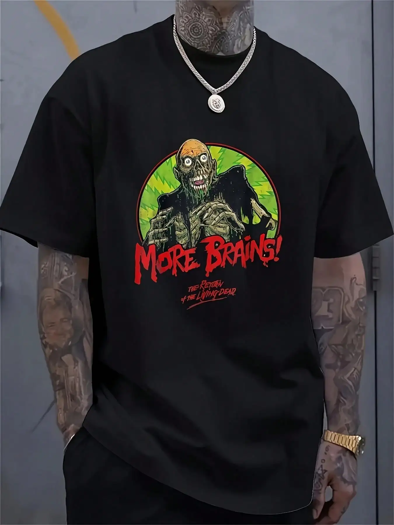 

Men's Zombie Graphic T-Shirt Retro Horror More Brains And Hung Print Breathable Short Sleeve Tee Classic Round Neck Casual Shirt