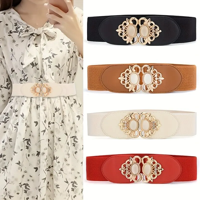 Women's Fashionable Golden Imitation Gemstone Shape Elastic Waist Closure With Double Hook Buckle Wide Belt Paired With Skirt