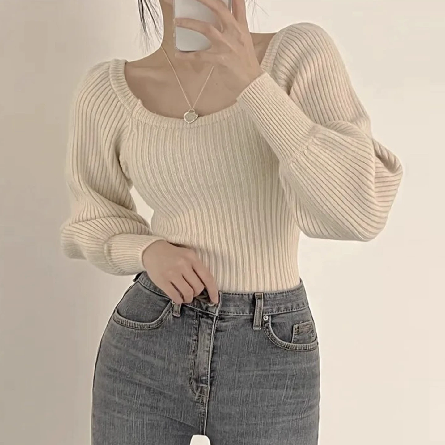 

Вязаный свитер с квадратным воротником в стиле ретро, женский облегающий базовый топ на зиму 2025 Faion Sli для похудения