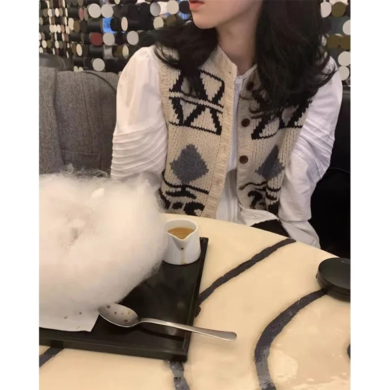 

ort Woolen Open Cardigan Vest Women's Faionable Retro Sle Spring Autumn Two Colors Geometric Design Sensation
