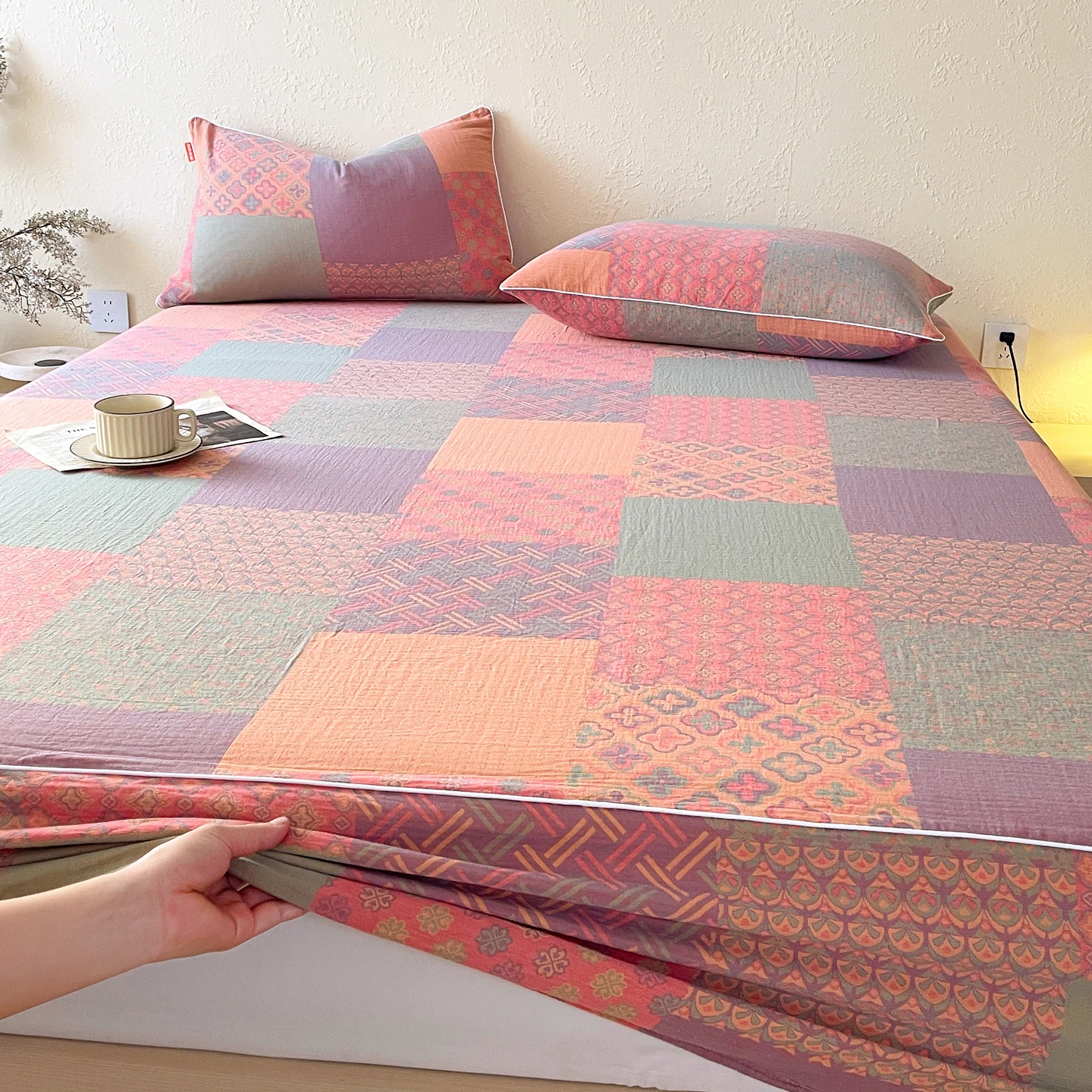100% Cotton Bed Sheets Jacquard Double-layer Gauze Fitted Bed Sheet with Elastic Single/Queen/King Cotton Gauze Sabana Para Cama