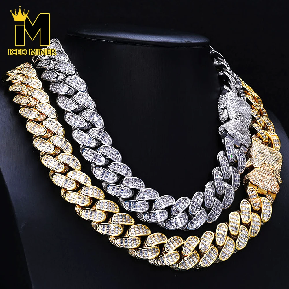 

Icedminer 18 мм багет циркон кубинская цепочка ожерелья для женщин и мужчин блестящая латунная цепочка хип-хоп ювелирные изделия Бесплатная доставка