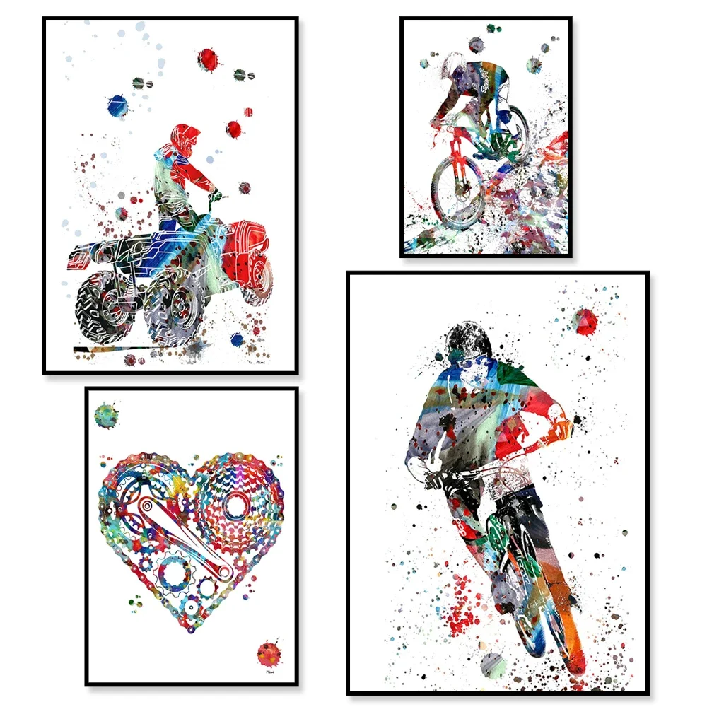Bicycle race, quad motocross, motocross rider watercolor. Dirt bike jumping, motorcycle poster, gift for bike lovers