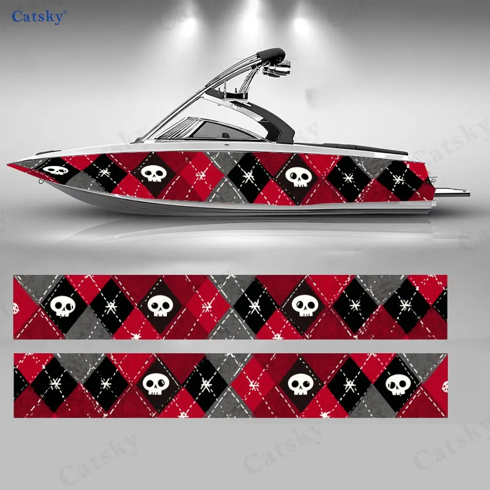 

2 шт. темно-синих наклеек с узором аргайл и черепами для лодок, водонепроницаемые виниловые наклейки из ПВХ для рыболовных судов, прочные и стильные.