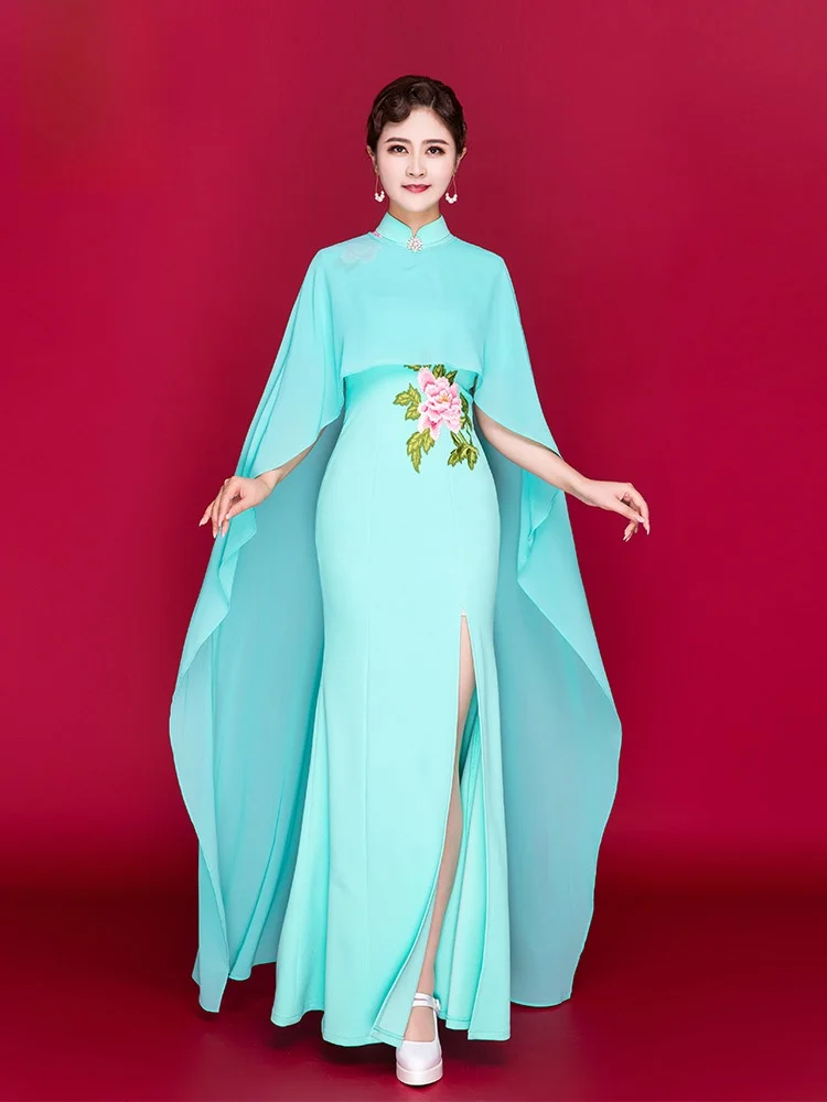 

Вечернее платье для выступлений на сцене, длинное, с открытыми плечами, бальное платье с высоким разрезом, из дышащего полиэфирного волокна