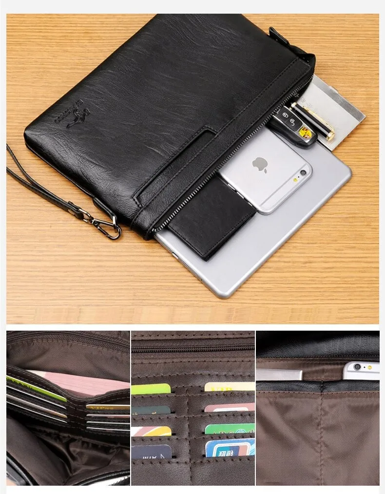 Men's PU Leather Clutch Bag Fashion Card Holder with Phone Pouch Hand/Wrist Strap Envelope Style Male Purse