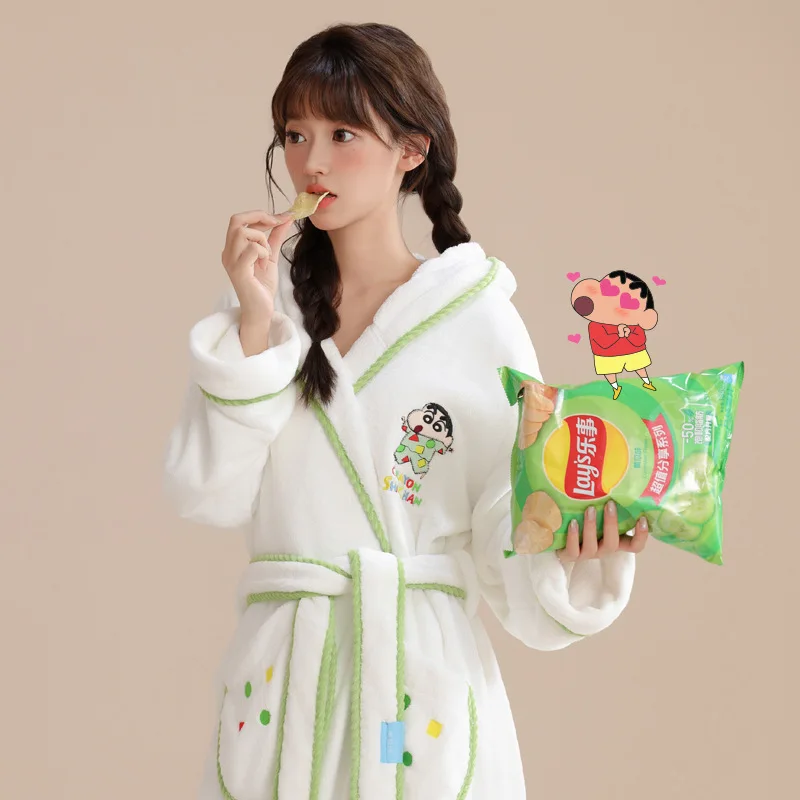 Crayon Boy Shin C-Chan Hooded Plush Cartoon Dressing Gown Cute Tethered Waistband Bathrobe Couple Pajamas Holiday Gift Quick-dry