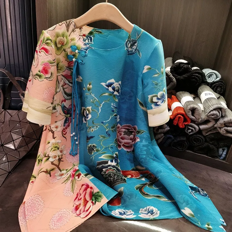 

Miyake Color Blocking Print Pleated Dress Loose Plus Size Pleat Dress 2025 Spring and Summer New Fashion Fold Mid-length Dresses