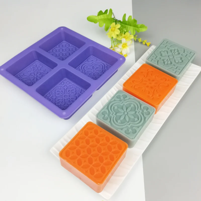 Multi-style 4 Hole Square Silicone Soap Mold DIY Flower Candle Resin Plaster Making Set Chocolate Cake Ice Mould Home Decor Gift