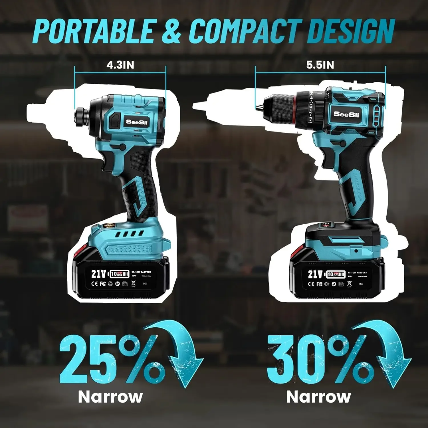 

Seesii 21V Max Cordless Brushless Drill and Impact Driver Power Tools Combo Kit with 3/8'' Drill 1/4''Impact Driver Fast Charger