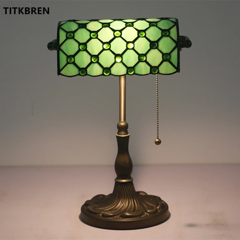 Tiffany Stained Glass Table Lamps Bank Desk Light With Pull Switch Bedroom Bedside Coffee Shop Office Bar Green Beige Ocean Blue