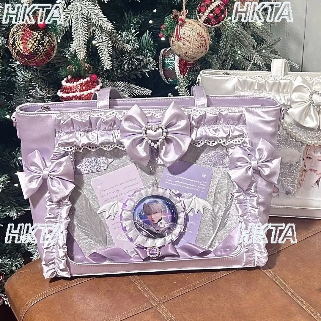 Japanese Kawaii Sweet Autumn New Lolita Pain Bag Female  Lace Bow Pleated Ribbon Crossbody Tote Large Capacity White Bags Women
