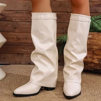 2026 Fashion Fold Over Knee High Boots for Women Slip On Chunky High Heel Shark Boots Woman Wide Leg PU Leather Long Botas Mujer - Image 5