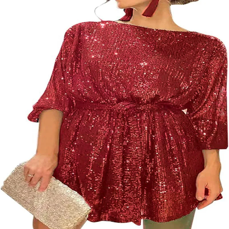 

Sequin Round Neck Long Sleeved Casual Loose Bead Dress, New, Summer, 2024