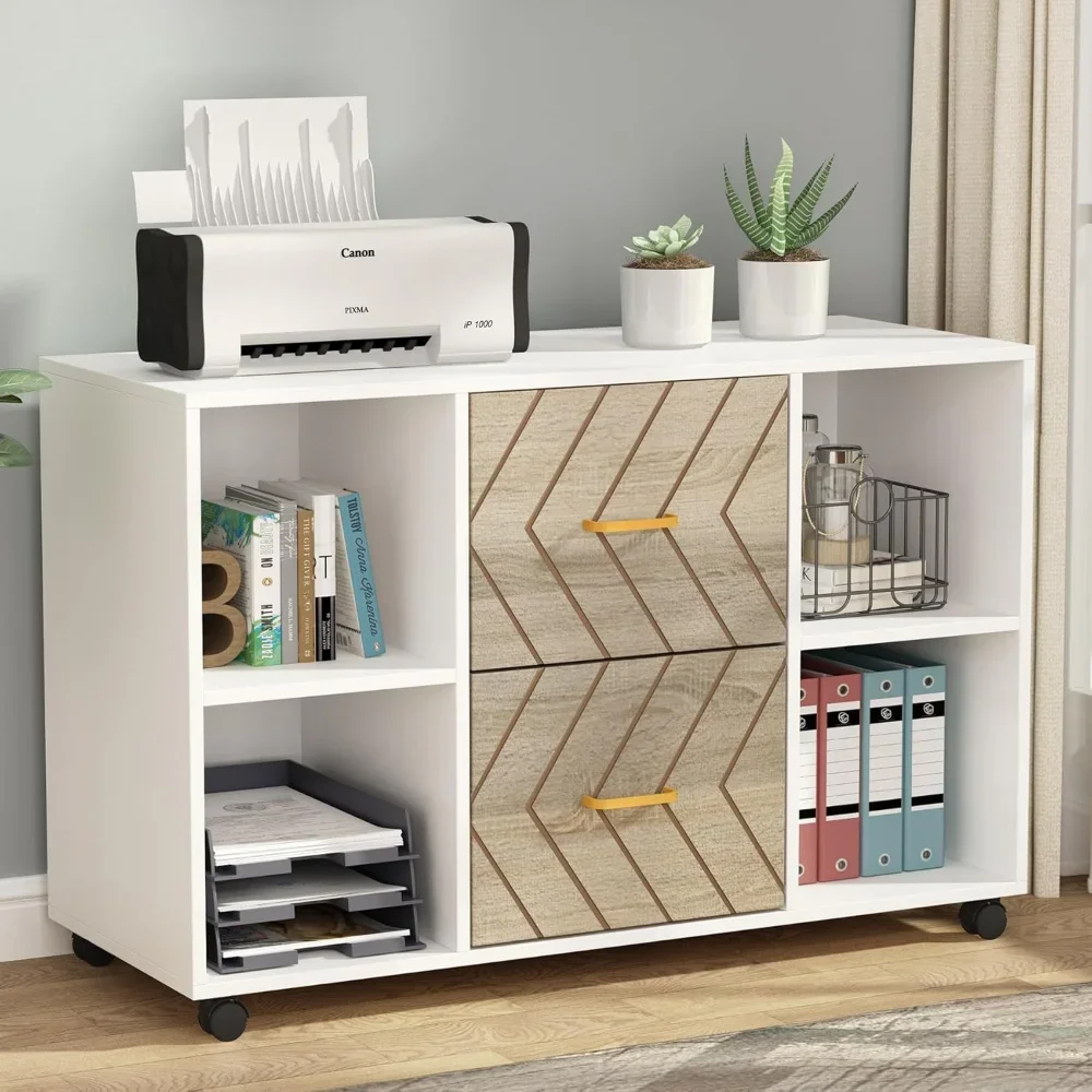 

​​"2-Drawer Mobile File Cabinet - Large Lateral Filing for Letter Size, Printer Stand w/ Storage Shelves"​