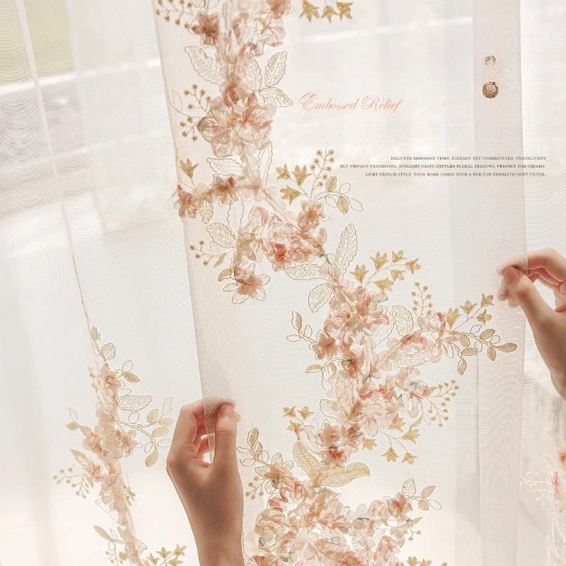 French Embroidery Tulle Cream Style Embossed Window Screen European Curtains for Living Dining Room Bedroom Custom Size Luxury