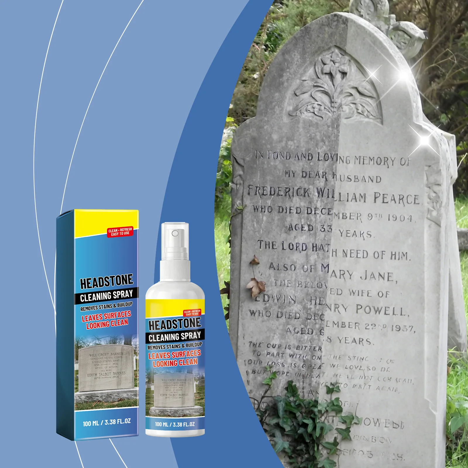 Gravestone Cleaner Mild Formula Stain Remover Restorer Polish for Marble Granite Tombstone Moss Removal Cleaning Spray 100ml