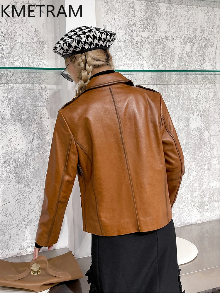 100% Oil Wax Sheepskin Jacket Woman Vintage Yellow Genuine Leather Jackets Women Motorcycle Outerwears Fall Clothes 2025 кожанка