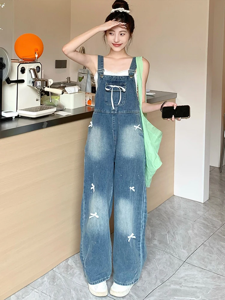 Retro Blue Bow Rhinestone Denim Overalls Women Korean Style Versatile High Waist Wide Leg Jeans New Casual Straight Jumpsuits