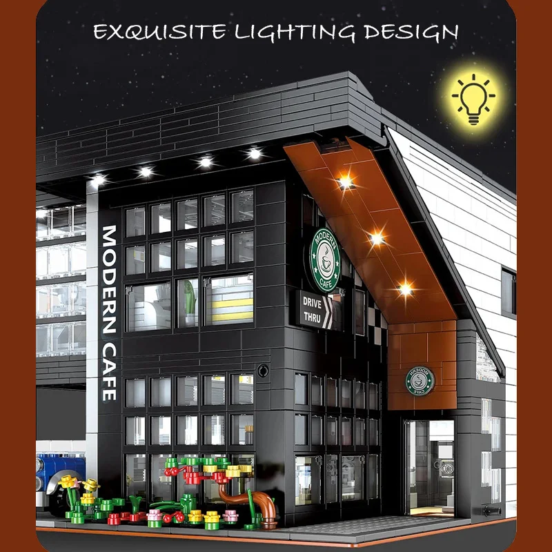 City Architecture Coffee Shop Building Blocks Creative Modular Street View House Bricks Toys With Lights Cafe Construction Set