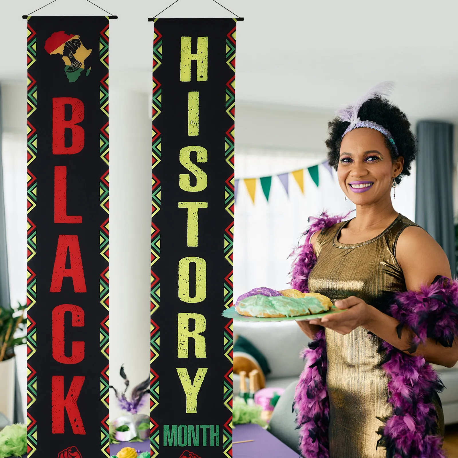 1Pair Month Doorway Couplets Polyester Festive Porch Banner for Juneteenth Celebration Backdrop Hanging Decor