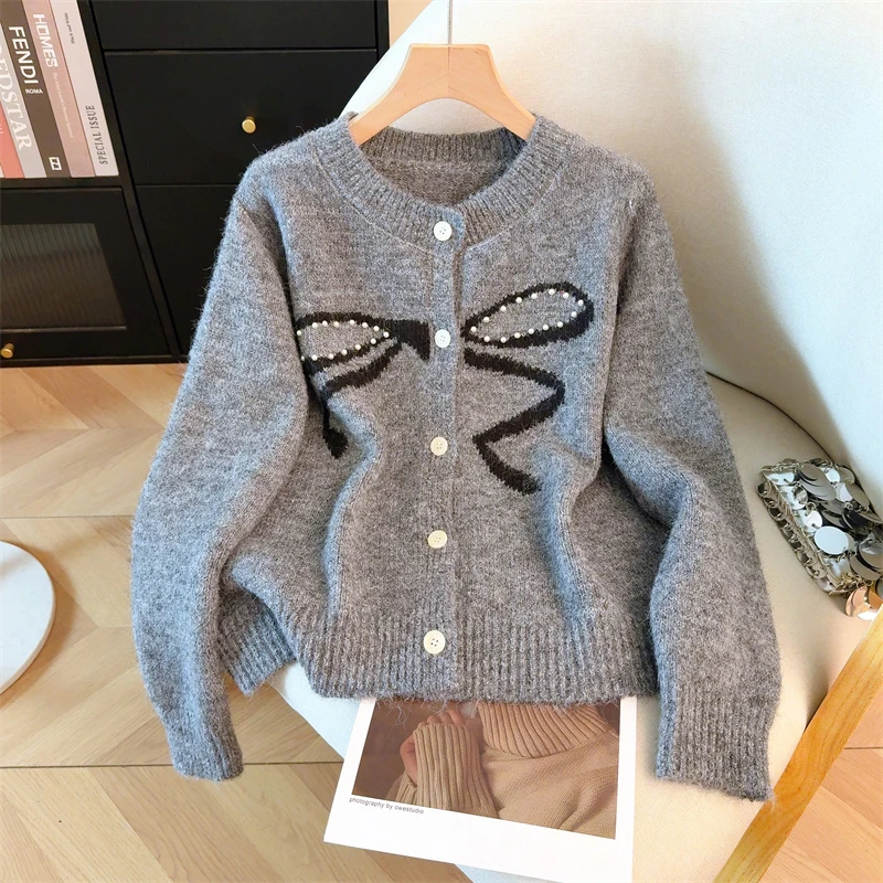 

Korean Sweet Knitted Cardigan Women Autumn Bow Print Kawaii Preppy Sweater Female Long Sleeve O Neck Loose Casual Button Tops