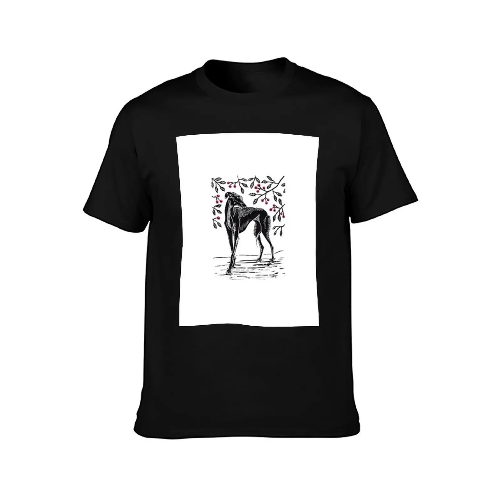Beneath the Cherry Tree, Greyhound Linocut T-Shirt Basic Plain Short Sleeve Crew Neck Tee T-Shirt