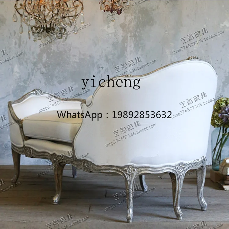 Wood Carved Linen Chaise Longue Sofa Living Room Balcony Beauty Bed Sofa