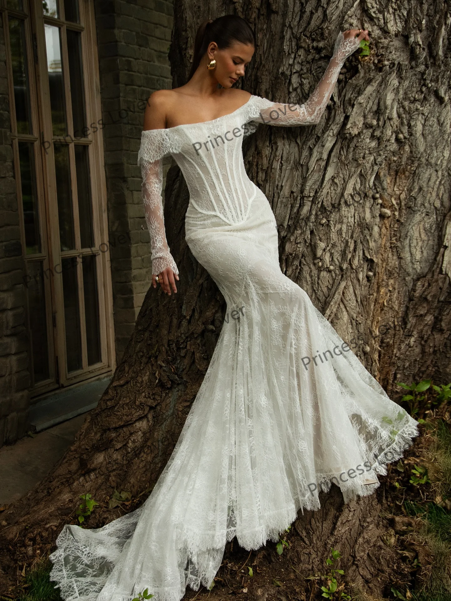 Zeemeermin trouwjurken off-shoulder kanten korset vestido de novia lange mouwen op maat gemaakte robe de soirée