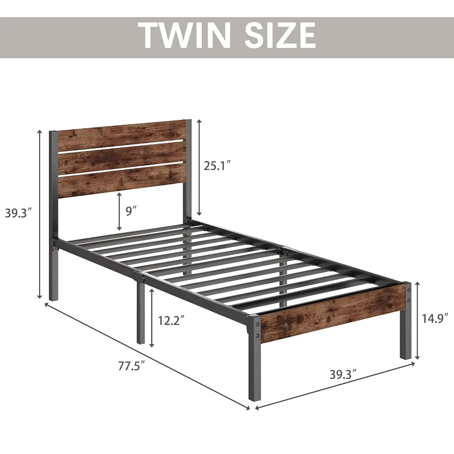 Twin Bed Frame with Headboard and Footboard, Metal Twin Bed Frame with Under Bed Storage, All-Metal Support System, No Box
