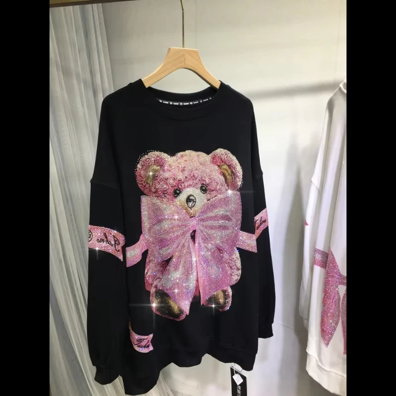 Plus Size Sweatshirt Kawaii Bear Bow Tie Diamonds Stamping Sweet Cute Casual All-match Women's Sweatshirt Autumn Winter New Tops