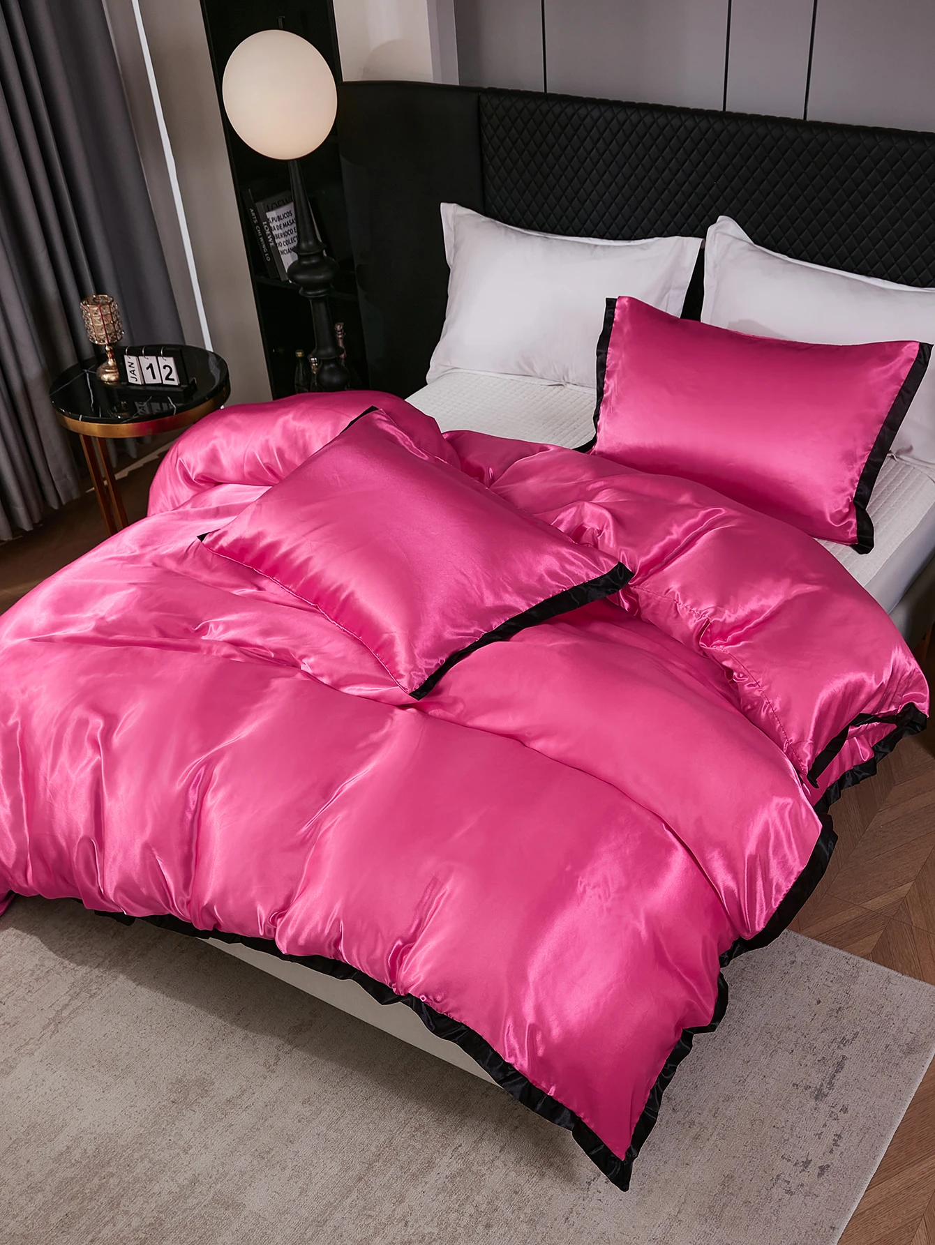 Pink Satin Bedding Set with Black Edge Ultra Soft Luxury Silky Satin Duvet Cover Set 3 Piece Easy Care  for Girls Teens Bedding