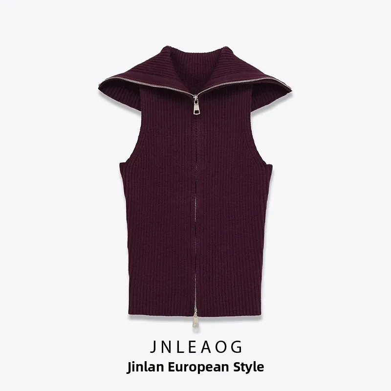 

JNLEAOG Autumn New Women's Knitted Ribbed Vest Top Zipper Decorated Polyester Fiber Regular Length Ladieswear