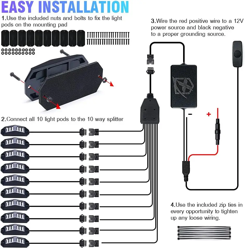 Kit de Luzes LED RGB para Rocha com 10 Pods, Bluetooth e Controle Remoto Sem Fio para Veículos Off-Road